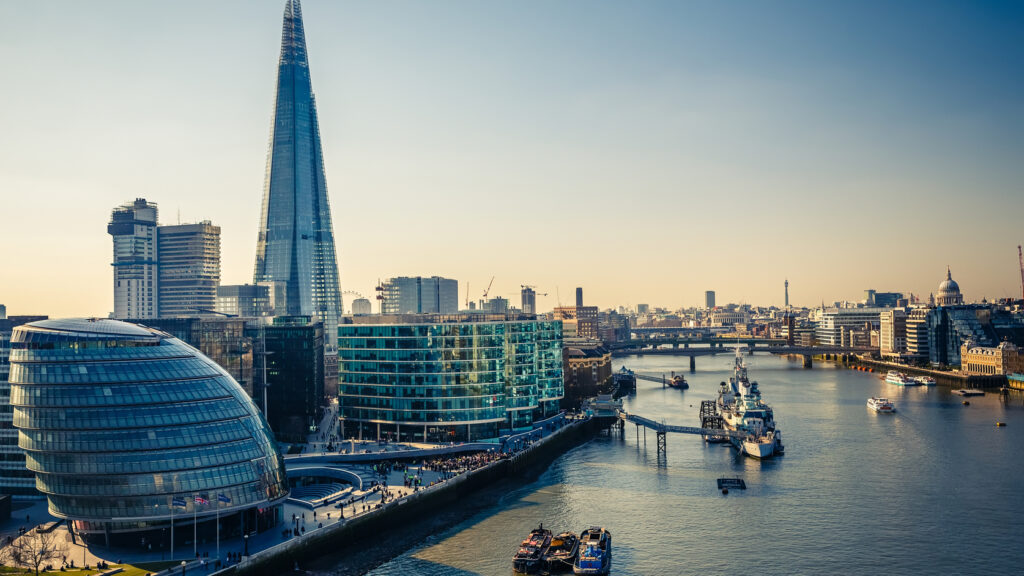 An aerial view of the Thames and London.