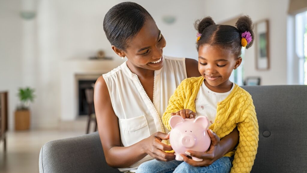 A woman with her child on her knee holding a piggy bank.