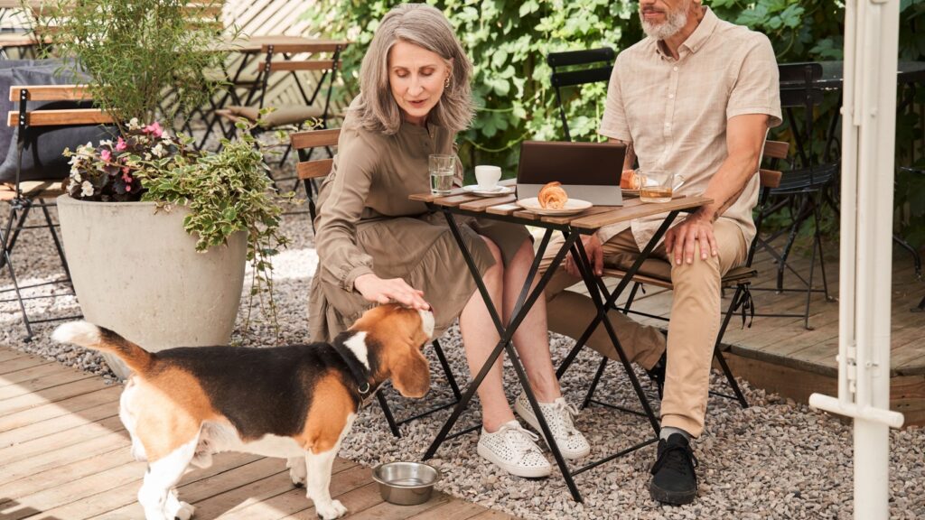 A couple sitting outside in a café with a dog.