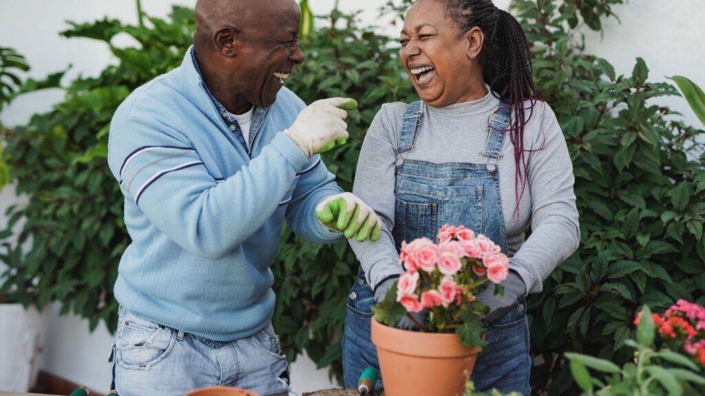 A couple laughing together while gardening.