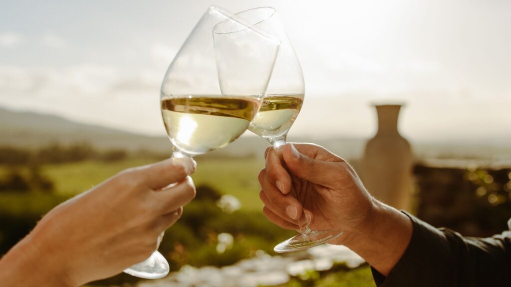 Two people holding up glasses of wine.