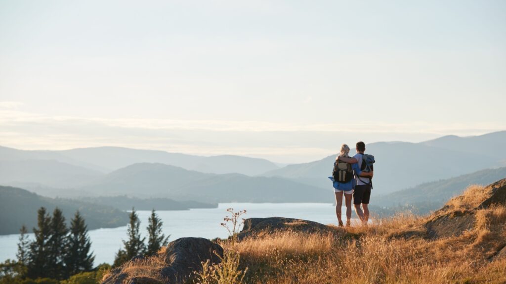 A couple hiking in the Lake District.