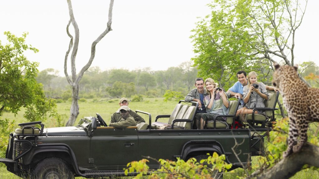 A group of tourists on safari taking a photo of a leopard.